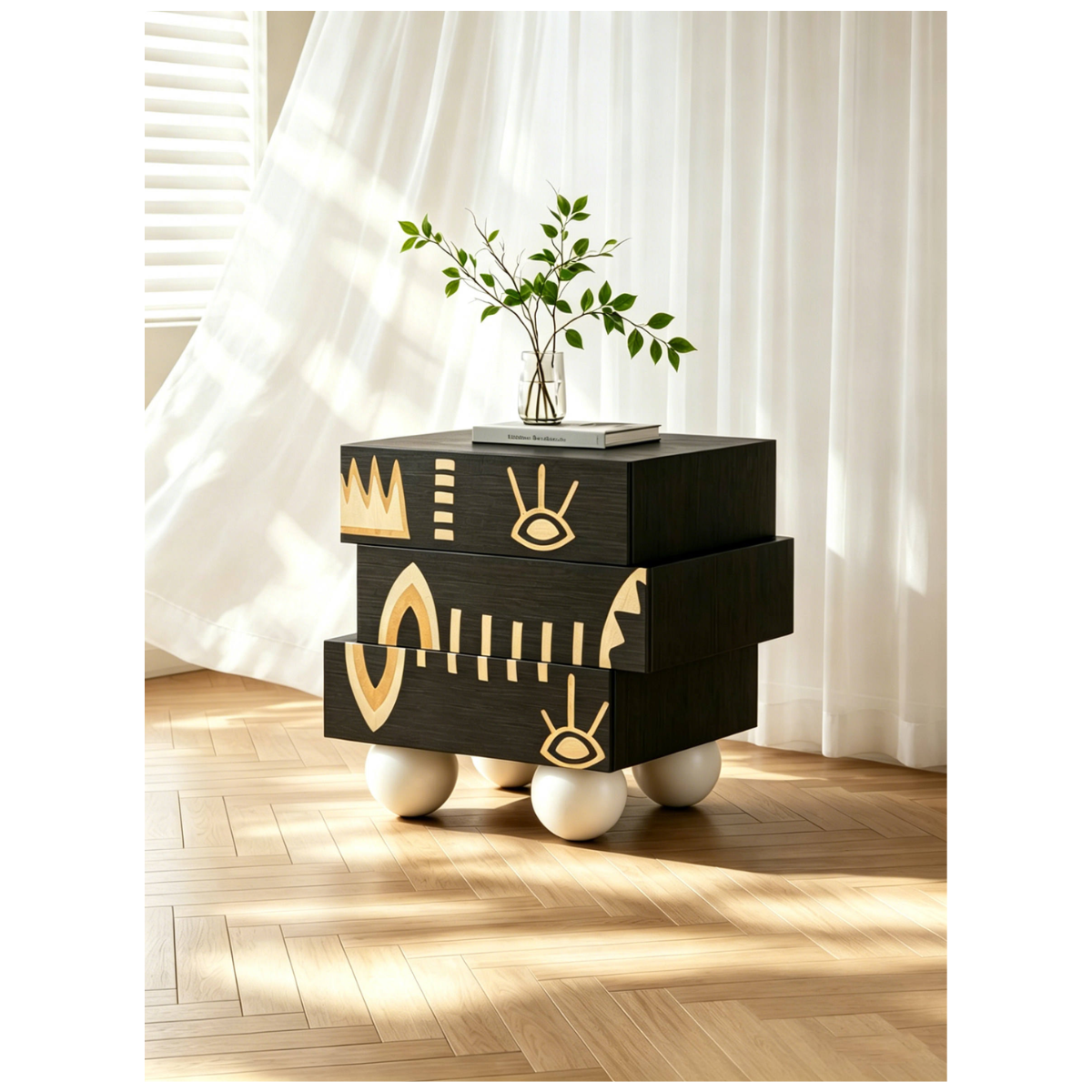 Hieroglyph Inlay Sphere-Leg Nightstand